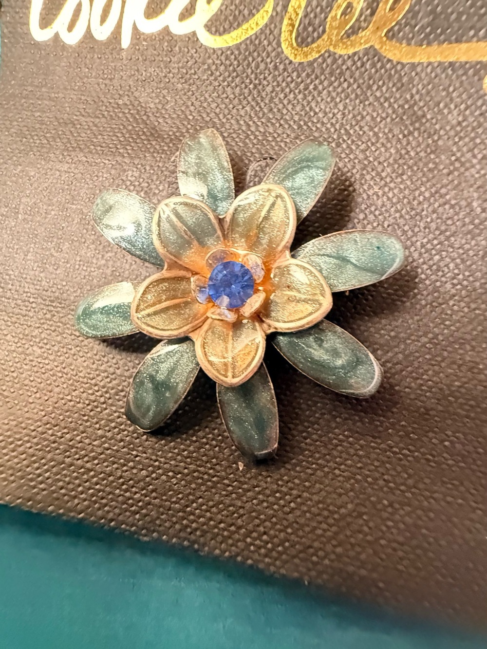 Floral Enamel Brooch with Blue Crystal Center - Green and Gold